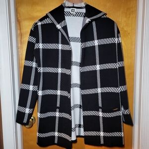 ANNE KLEIN Heavy, Black & White Plaid Hooded Open Front Coat/Cardigan